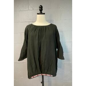 Black Indian Cotton Gauze Top 3/4 Sleeve Embroidered Ribbon Trim Large